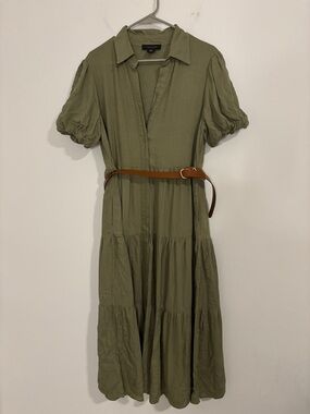 Tahari Linen Blend olive green puff sleeve tiered midi dress Sz M Lagenlook Chic